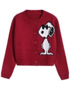 Romwe Snoopy Print Buttons Crop Red Cardigan