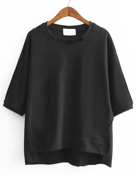 Romwe Dip Hem Pockets Black T-shirt