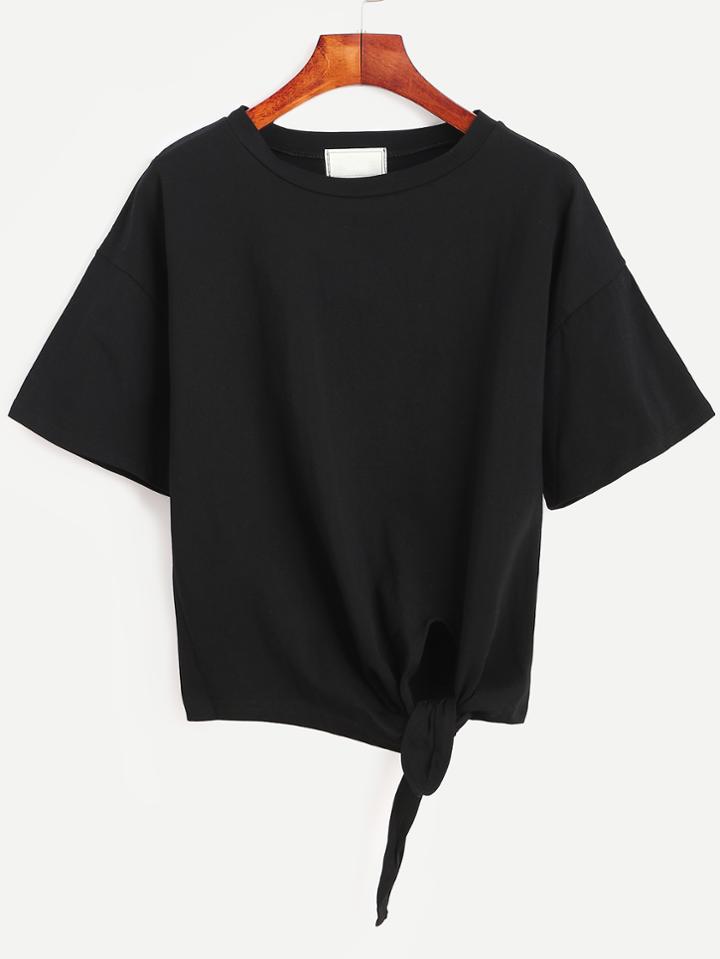 Romwe Black Tie Front T-shirt