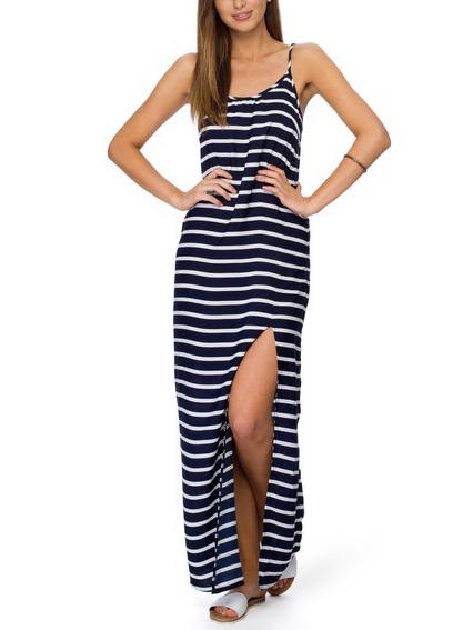 Romwe Black White Striped Slit Maxi Cami Dress