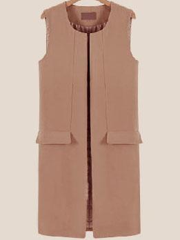 Romwe Round Neck Pockets Apricot Vest