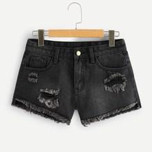 Romwe Zip Fly Ripped Denim Shorts