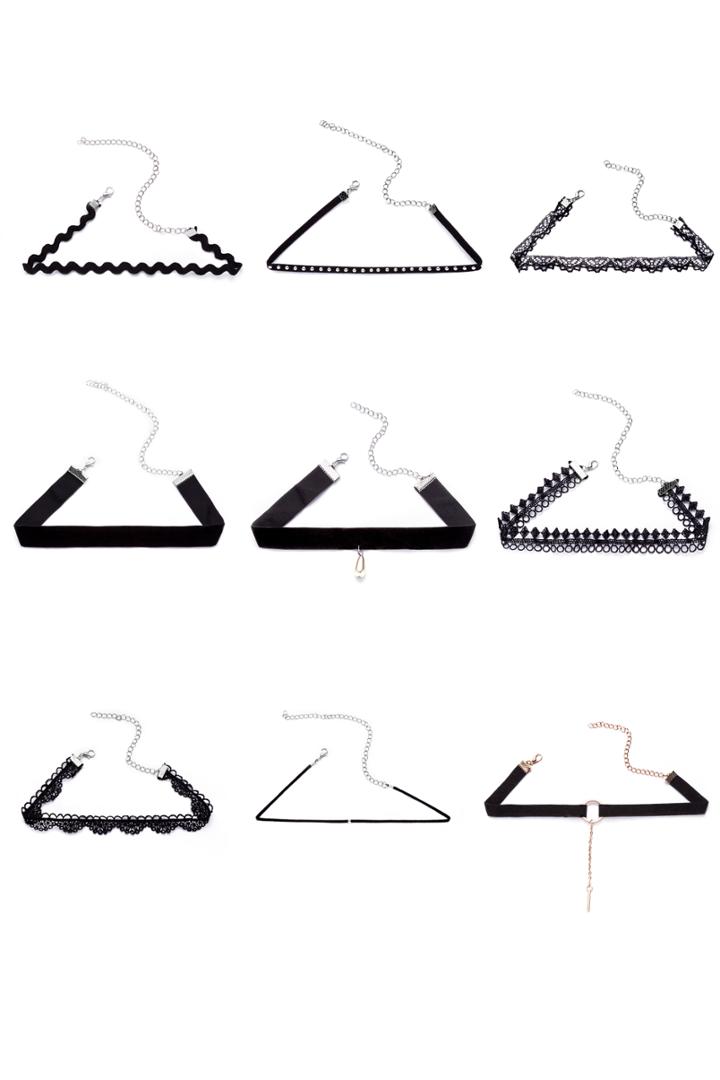 Romwe Black Multi Design Choker Necklace Set 9pcs