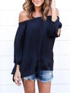 Romwe Black Off The Shoulder Split Tie Sleeve Blouse