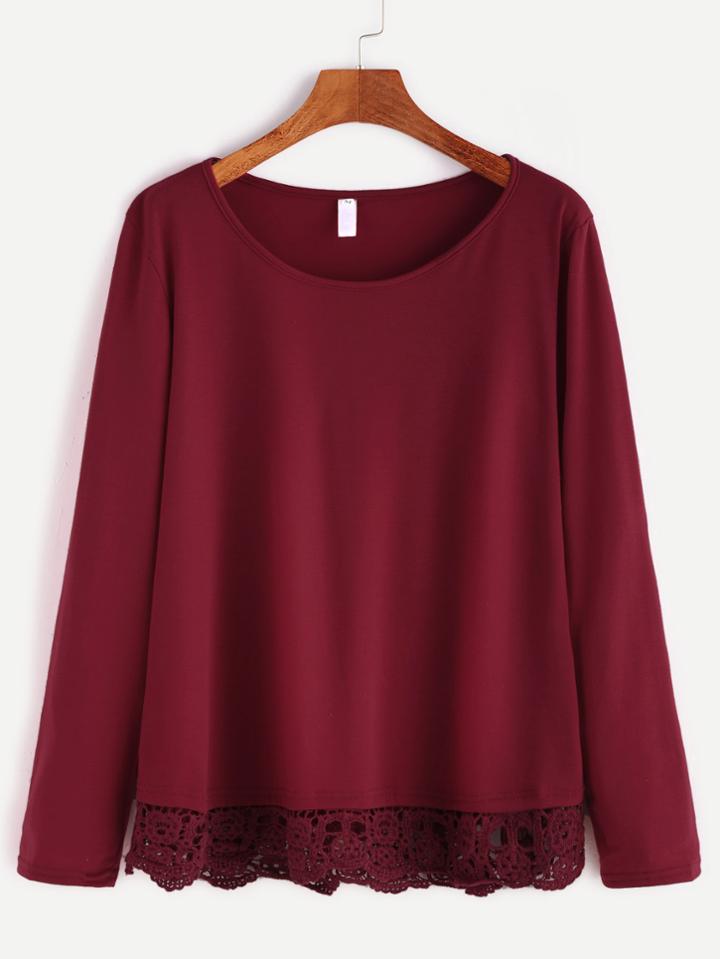 Romwe Burgundy Contrast Crochet Hem T-shirt