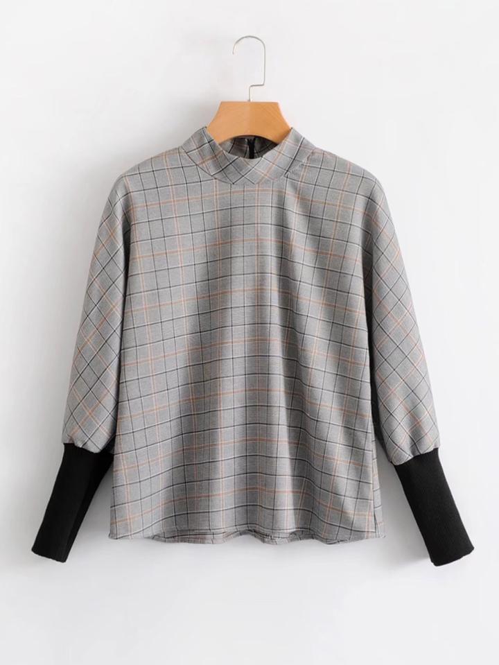 Romwe Contrast Dolman Sleeve Plaid Blouse