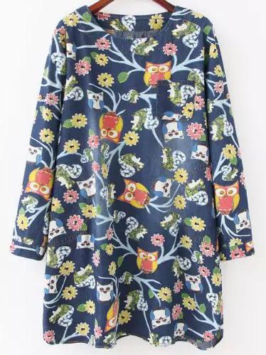 Romwe Owl Print Denim Tshirt Dress