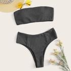 Romwe Ribbed Bandeau Top And High Waist Bikini Set