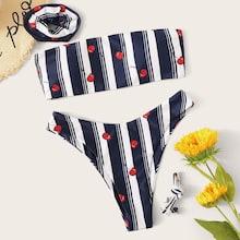 Romwe Striped & Cherry Print Bandeau Bikini Set With Hair Tie