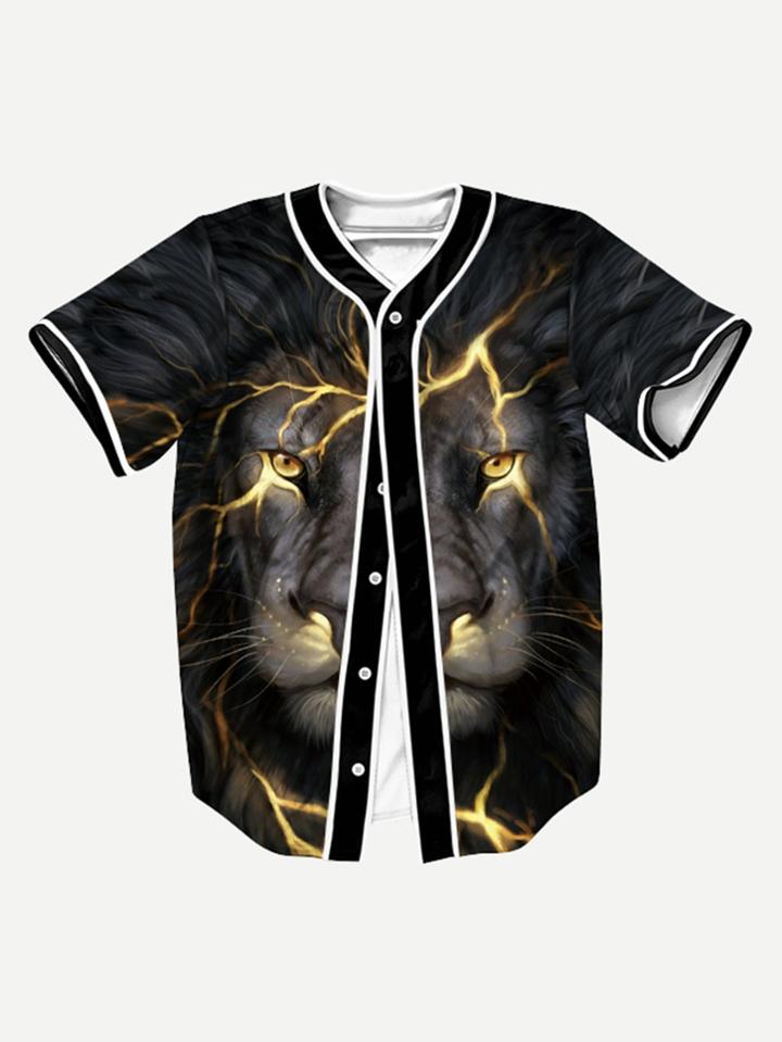 Romwe Men Lion Print High Low Blouse