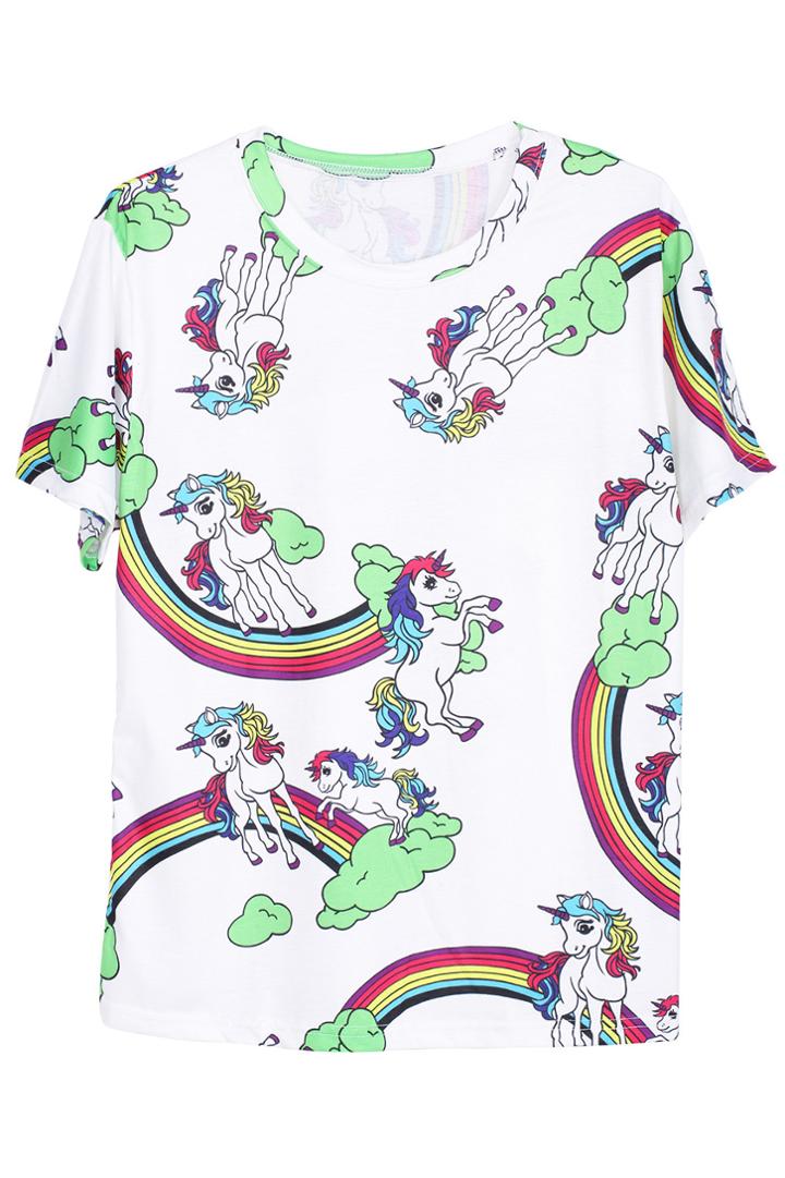 Romwe Romwe Horse & Rainbow Print Short-sleeved White T-shirt