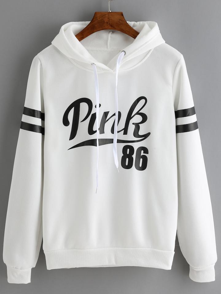 Romwe White Drawstring Hooded Letters Print Sweatshirt