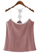 Romwe Purplish Red Backless Lace Splicing Spaghetti Strap Tank Top