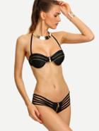 Romwe Zip Embellished Strappy Bikini Set - Black