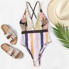 Romwe Random Leaf Print & Striped One Piece Swimsuit