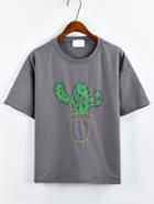 Romwe Cactus Print Drop Sleeve T-shirt - Grey