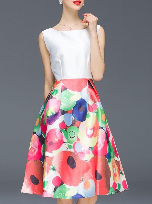 Romwe White Round Neck Sleeveless Print Dress