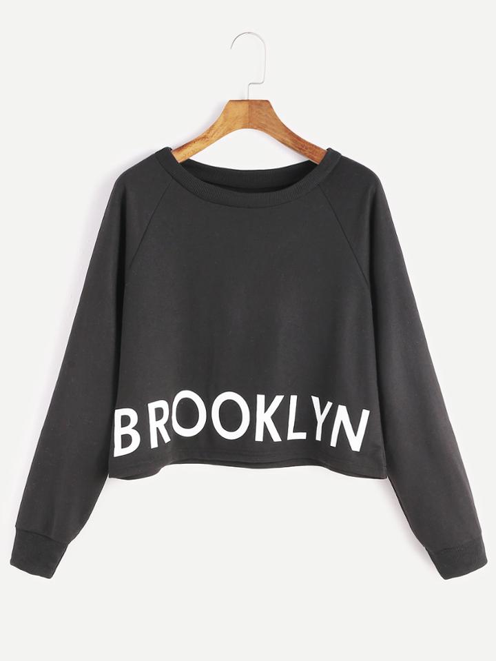 Romwe Black Ribbed Trim Raglan Sleeve Letter Print Crop Sweatshirt