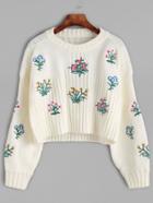 Romwe Beige Flower Embroidered Crop Sweater