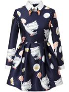 Romwe Imperial Crown Crane Print Flare Dress