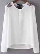 Romwe High Low Embroidered White Blouse