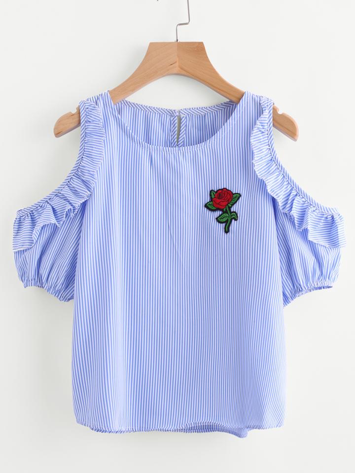 Romwe Pinstripe Open Shoulder Frill Trim Embroidered Applique Top