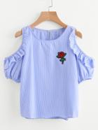 Romwe Pinstripe Open Shoulder Frill Trim Embroidered Applique Top