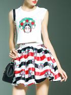 Romwe Multicolor Embroidered Top With Striped Print Skirt