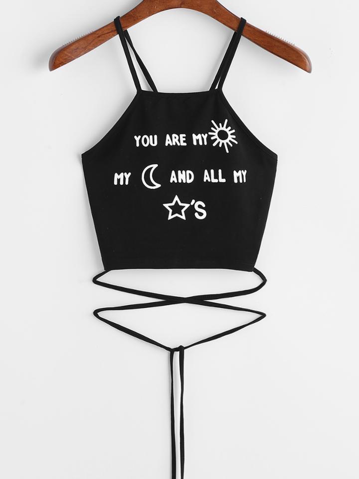 Romwe Letter Print Crop Lace Up Cami Top