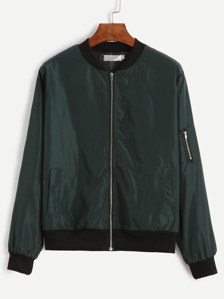 Romwe Dark Green Contrast Neck Zipper Bomber Jacket