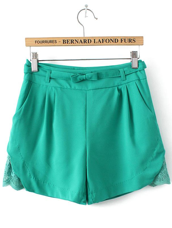 Romwe Lace Embellished Belt Green Shorts