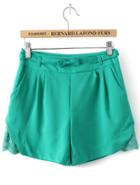 Romwe Lace Embellished Belt Green Shorts
