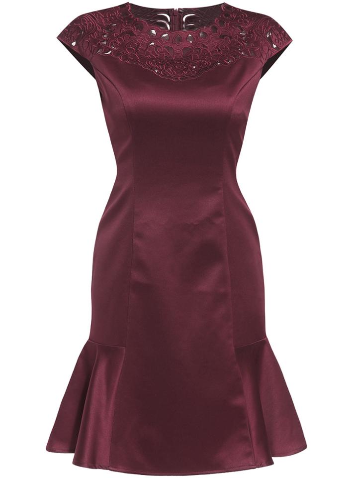 Romwe Red Round Neck Cap Sleeve Hollow Ruffle Dress
