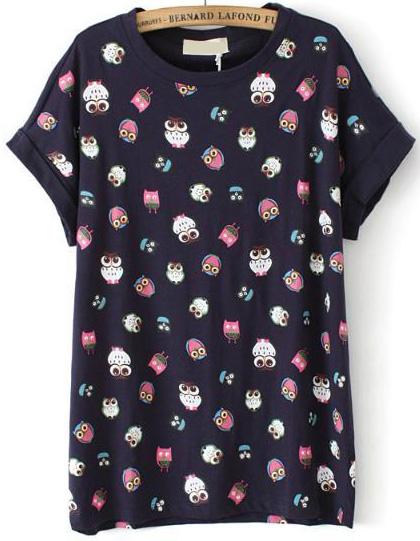 Romwe Cartoon Owl Print Navy T-shirt