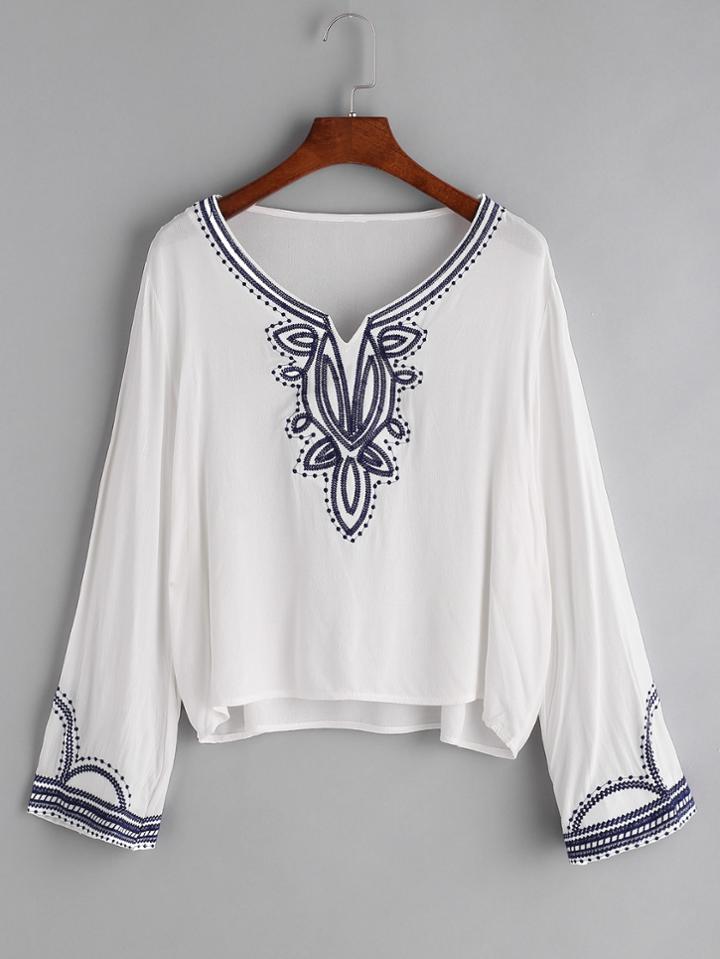 Romwe White V Cut Embroidered T-shirt