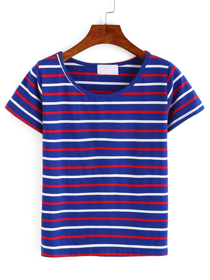 Romwe Stiped Print Short Sleeve T-shirt - Blue