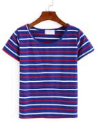 Romwe Stiped Print Short Sleeve T-shirt - Blue