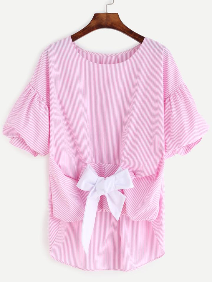 Romwe Pink Striped Puff Sleeve Tie Front High Low Blouse
