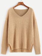 Romwe Apricot Marled Ribbed Knit Slit High Low Sweater
