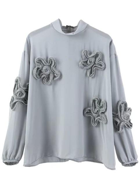 Romwe Stand Collar Disc Flowers Chiffon Blue Blouse