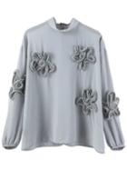 Romwe Stand Collar Disc Flowers Chiffon Blue Blouse