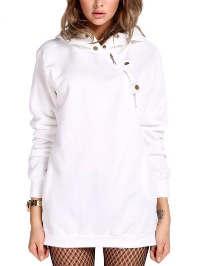 Romwe Hooded Zipper Pockets White Sweatshirt