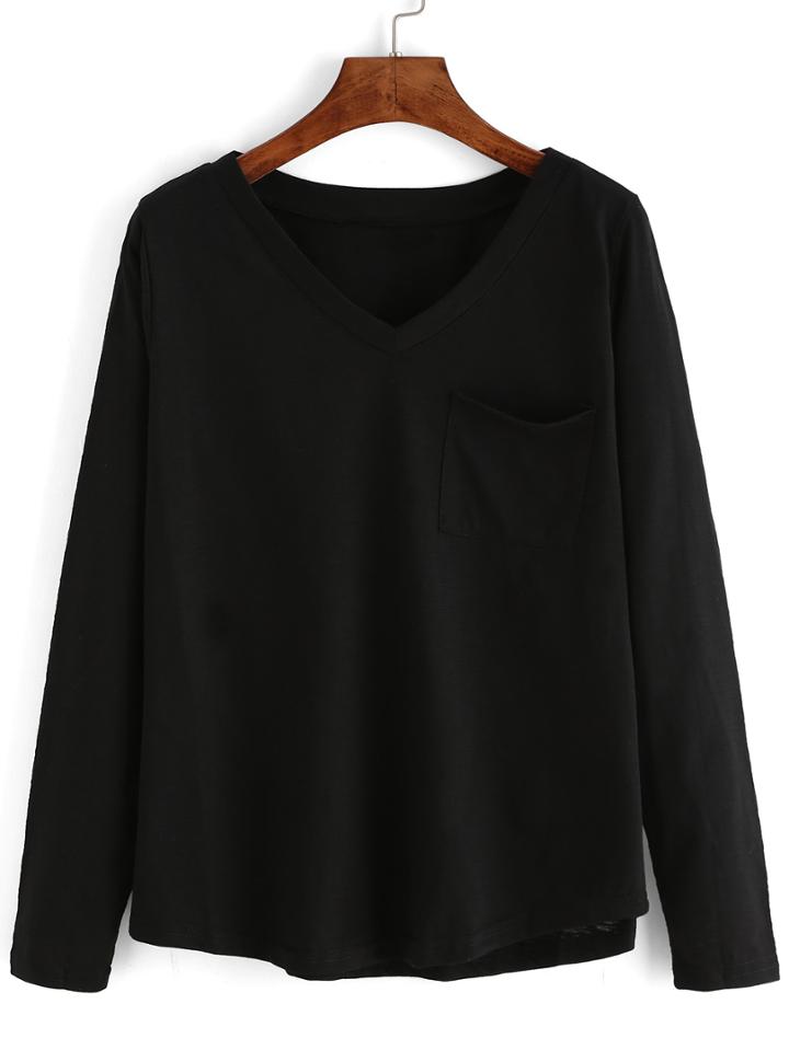 Romwe V Neck Black T-shirt With Pocket