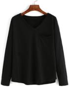 Romwe V Neck Black T-shirt With Pocket