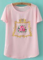 Romwe Round Neck Flower Print Chiffon Loose Pink T-shirt