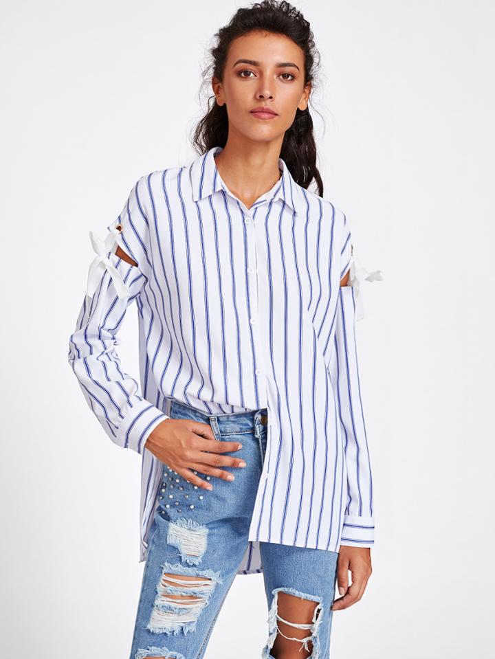 Romwe Grommet Tie Sleeve Side Slit Striped Shirt