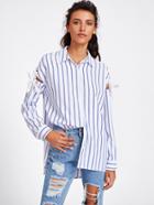 Romwe Grommet Tie Sleeve Side Slit Striped Shirt