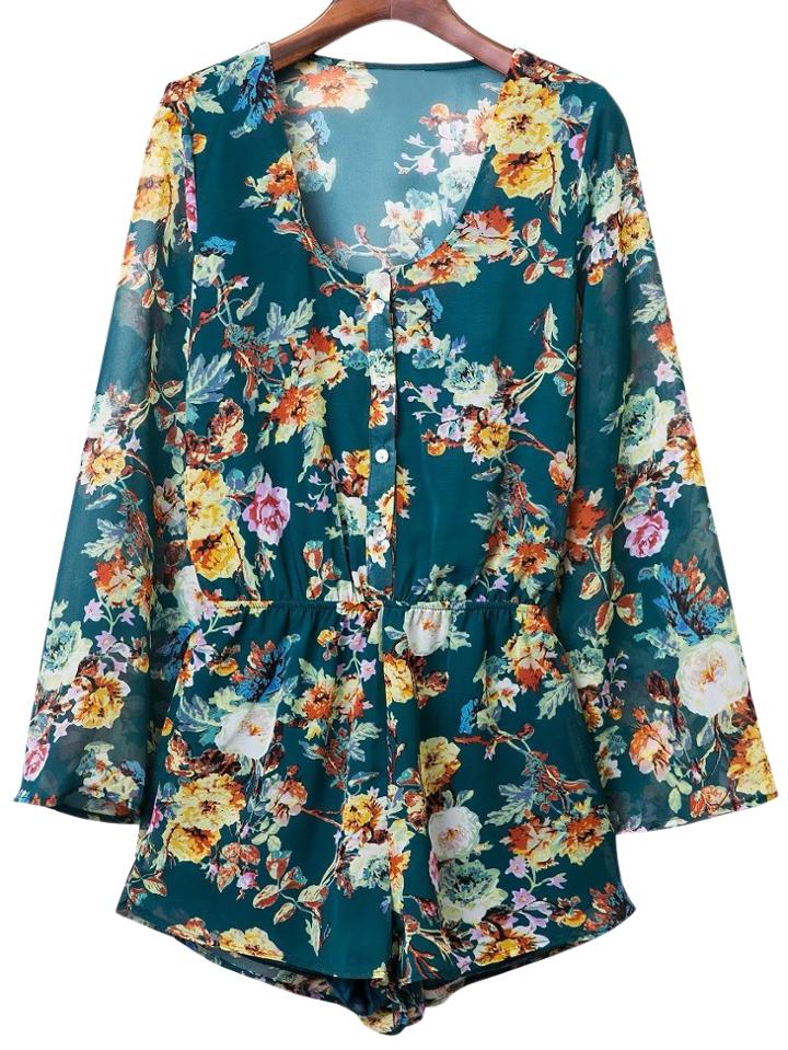 Romwe Multicolor Elastic Waist Buttons Front Chiffon Print Romper