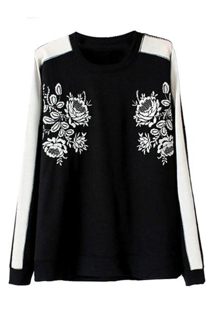Romwe Romwe Color Block Flower Embroidered Black Sweatshirt