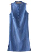 Romwe Blue Buttons Front Split Side Vertical Stripe Dress